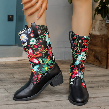 Damen Cowboy-Stiefel Blumenmuster Komfortabsatz