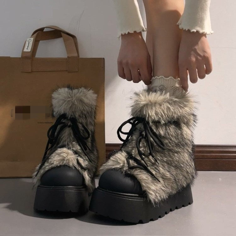 Damen Winterstiefel Schnürboots Warm Fellkragen Rutschfest
