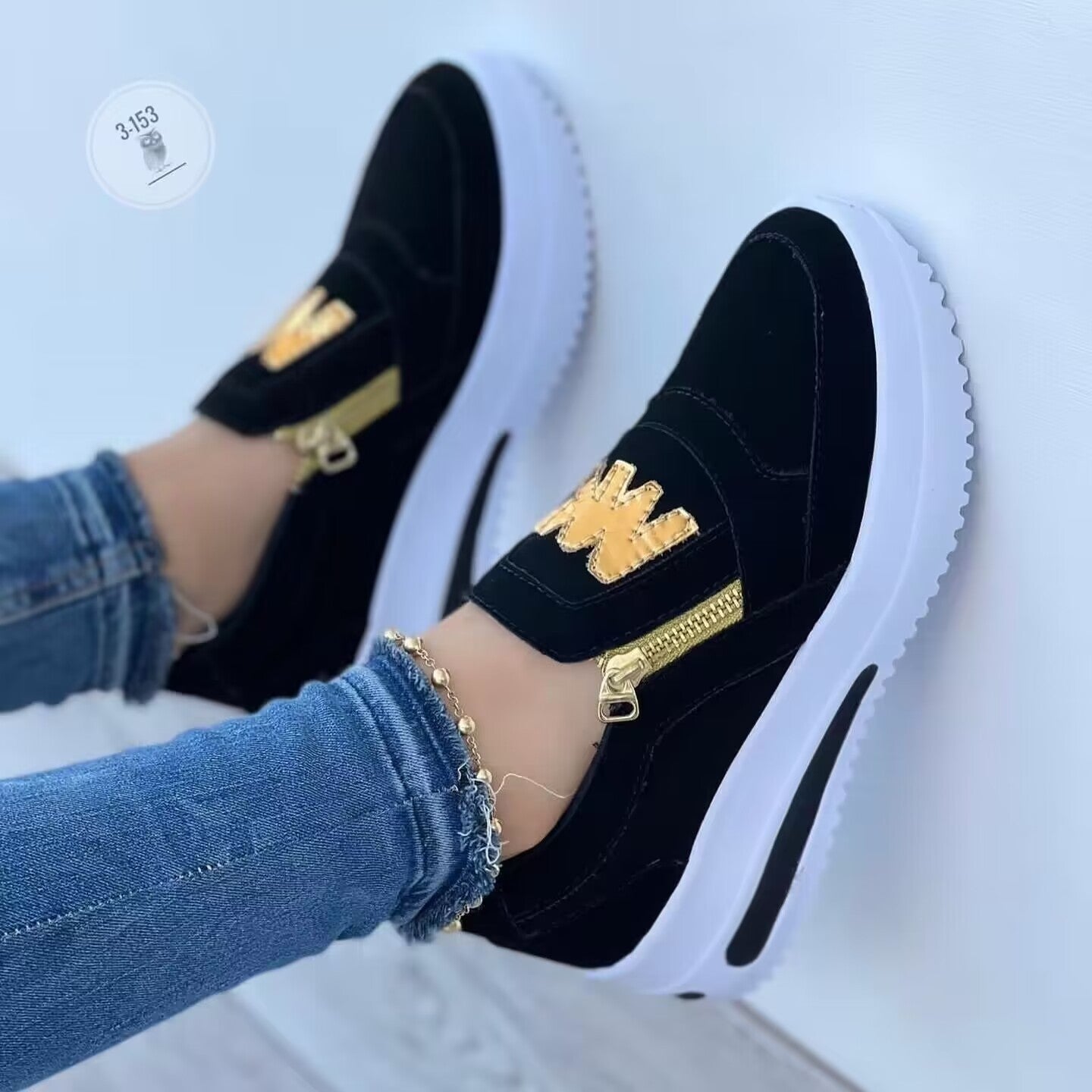 Damen Sneaker Slip-On Gold Reißverschluss Modern
