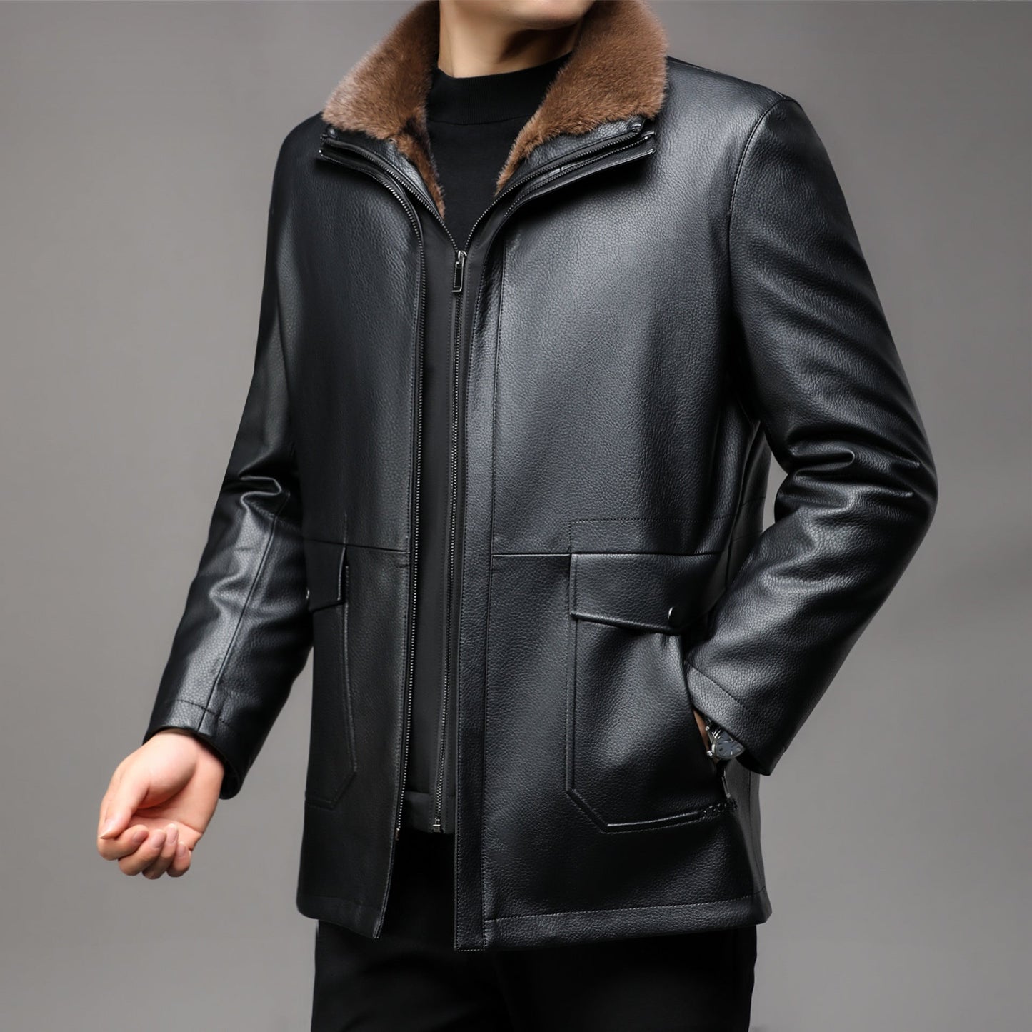 Herren Lederjacke Gefüttert Ledermantel Schwarz Elegant