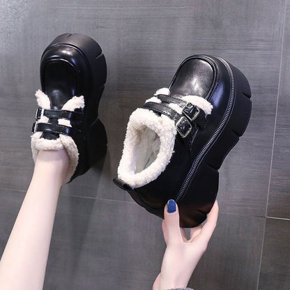 Damen Plateau Sneaker Plüschgefüttert mit Doppelschnallen Hoch