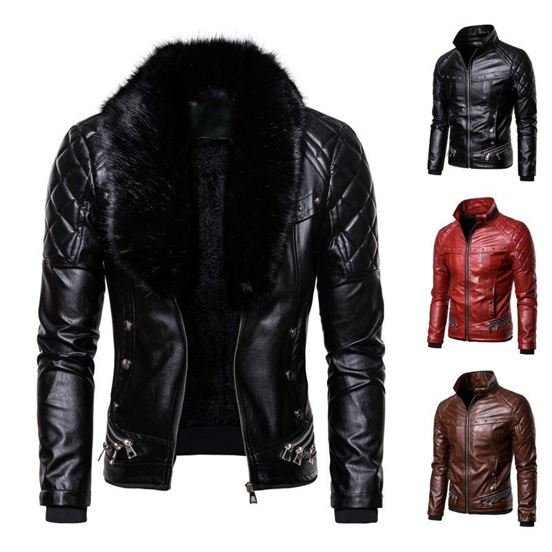 Lederjacke Herren Kunstleder mit Fellkragen Gesprenkelt Modern