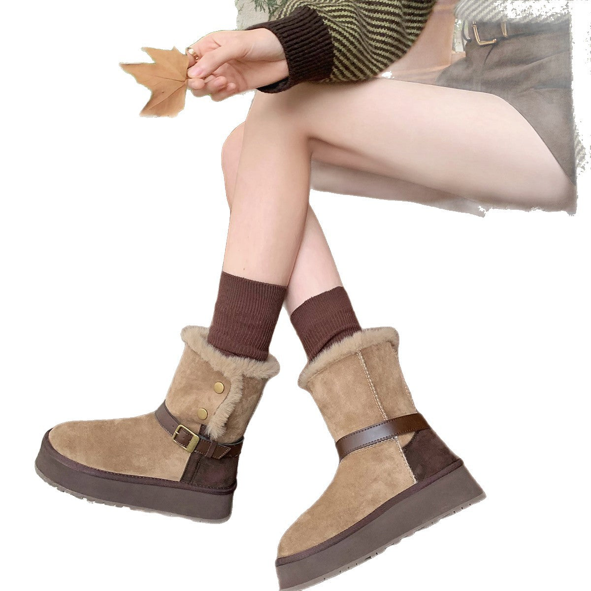 Damen Stiefel Booties mit Weichem Fellkragen Schnallenverschluss