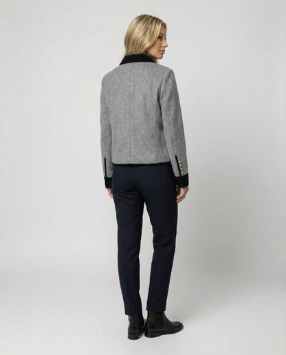 Damen Tweedjacke Kurz Wollmix Braun Mit Brusttasche