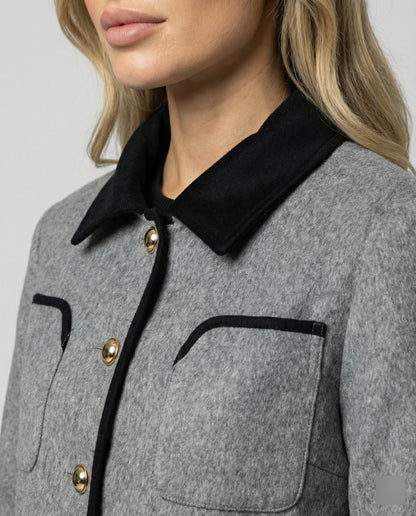 Damen Tweedjacke Kurz Wollmix Braun Mit Brusttasche