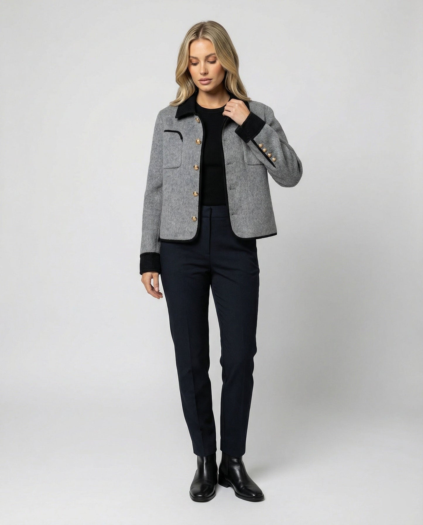 Damen Tweedjacke Kurz Wollmix Braun Mit Brusttasche
