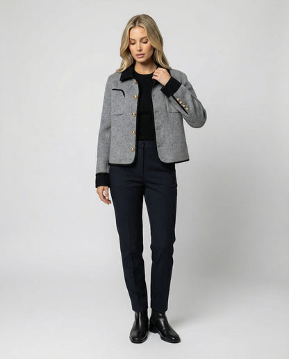 Damen Tweedjacke Kurz Wollmix Braun Mit Brusttasche