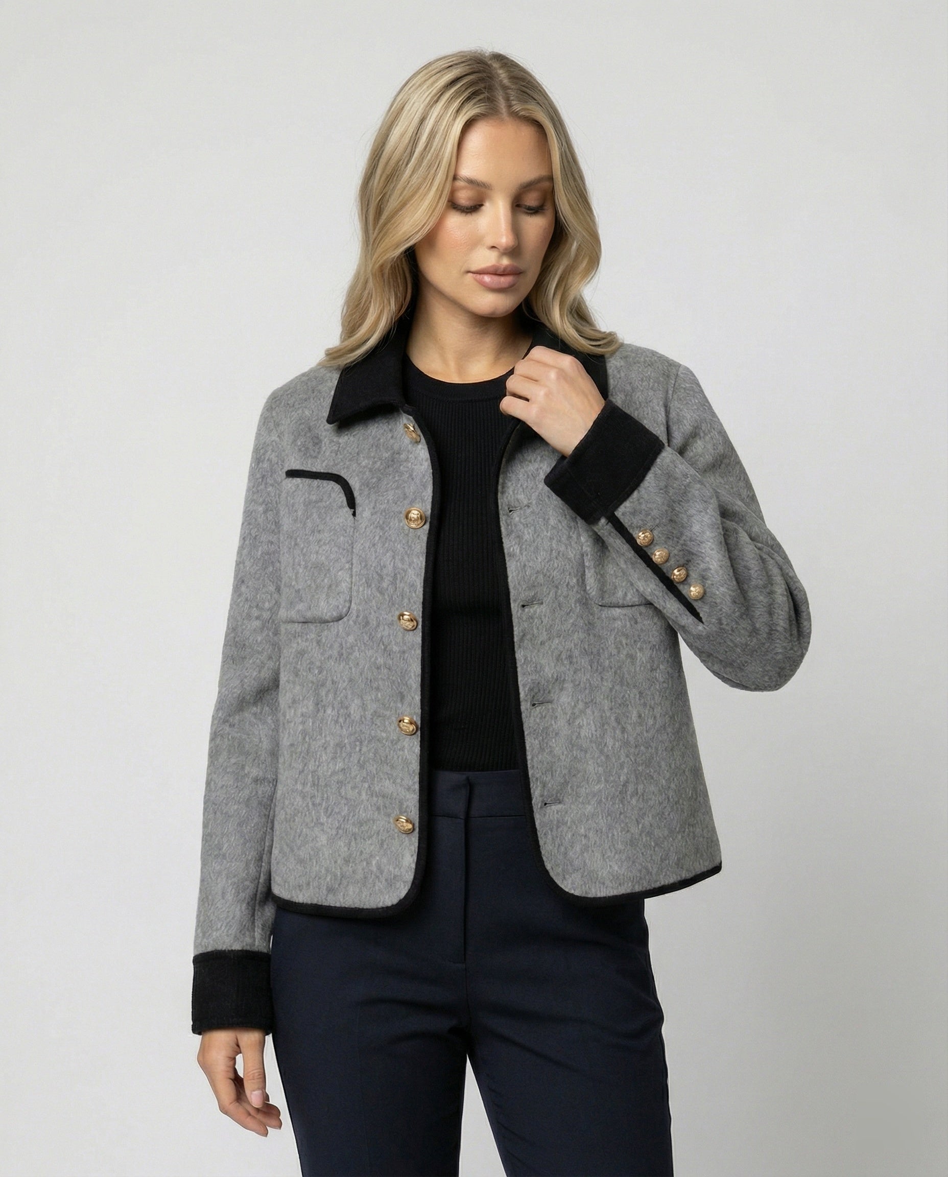 Damen Tweedjacke Kurz Wollmix Braun Mit Brusttasche - BerlinGlamour