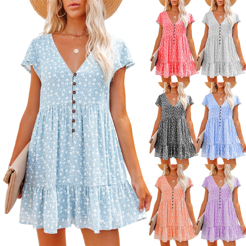 Sommerkleid Damen Blumenmuster Knöpfe Elegant - BerlinGlamour
