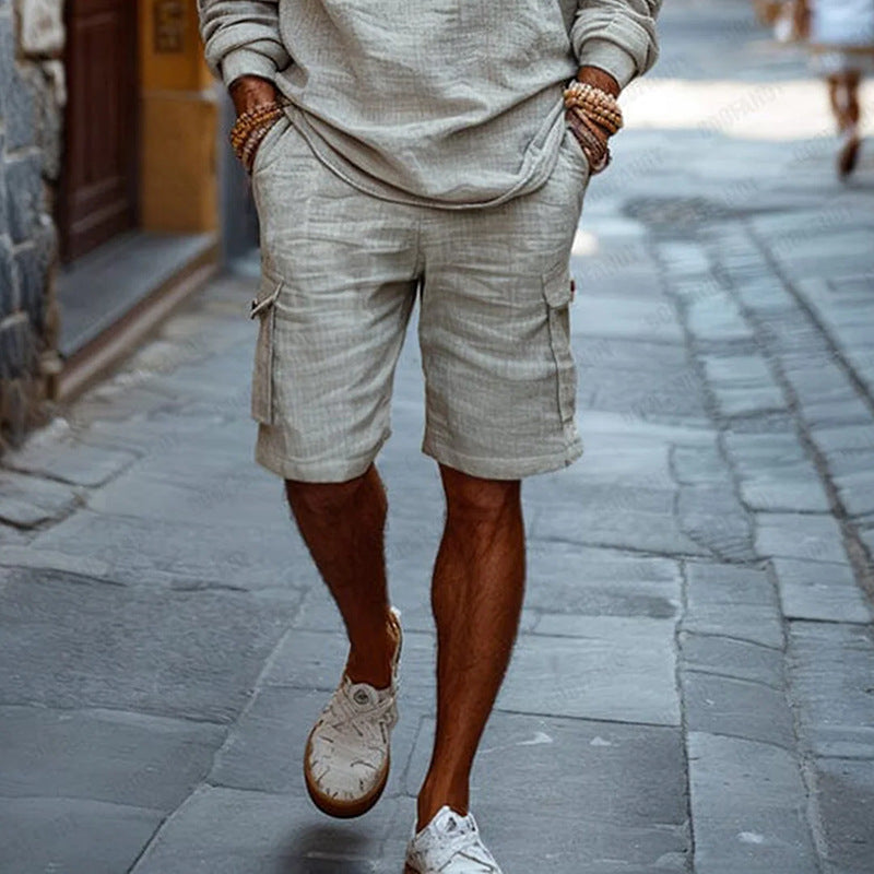 Herren Leinen-Outfit Langarm Bluse Cargo Shorts Sommer