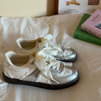 Damen Sneaker Elegante Satin Schuhe mit Schleife