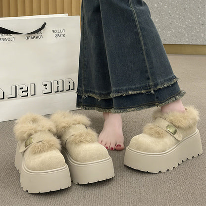 Damen Clogs Flauschig Plattform Schnallenverschluss Warm