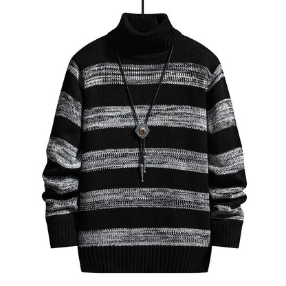 Ein Herren Strickpullover mit hohem Kragen und modernem Streifenmuster BerlinGlamour ist ein eleganter und stylischer Accessoire für den modernen Mann. Mit seinem hohen Kragen und modernen Stre