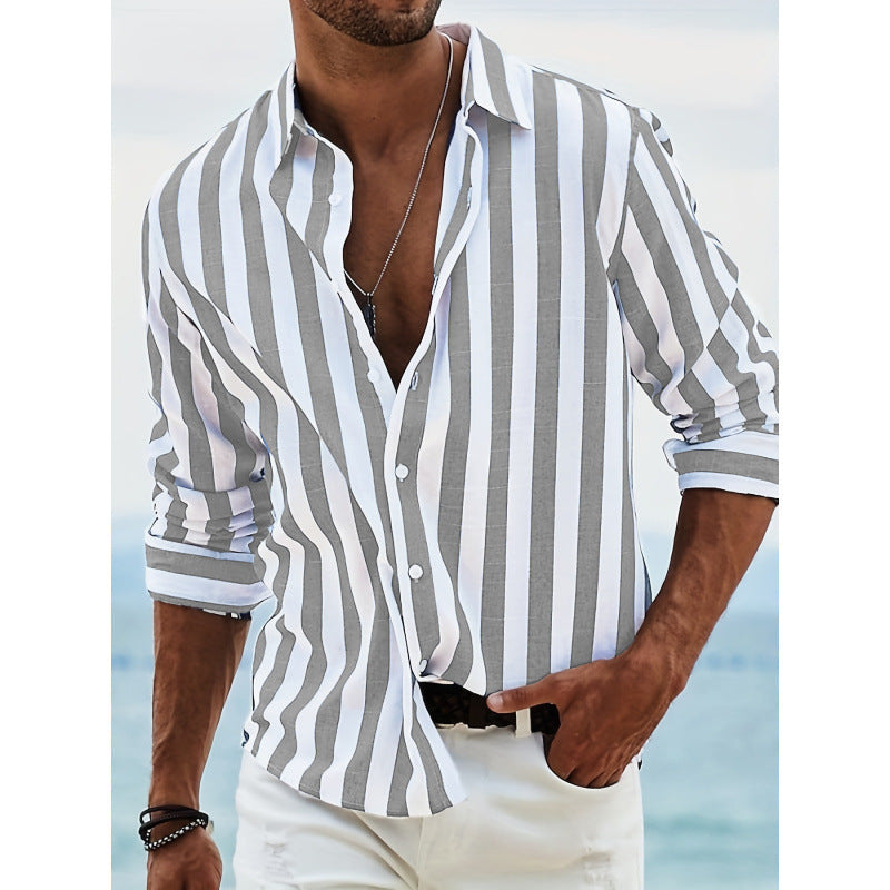 Herren Leinenhemd Langarm Gestreift Leicht Sommer