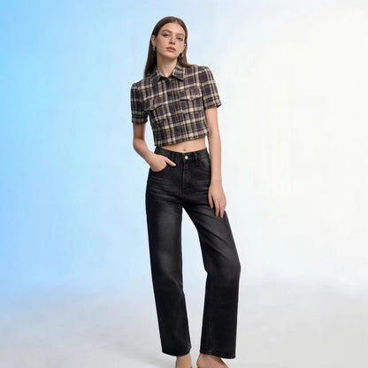 Damen High-Waist Jeans Weite Bein Slim Fit