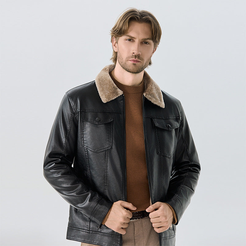 Herren Lederjacke Elegante Fleece Kragen Schwarz - BerlinGlamour