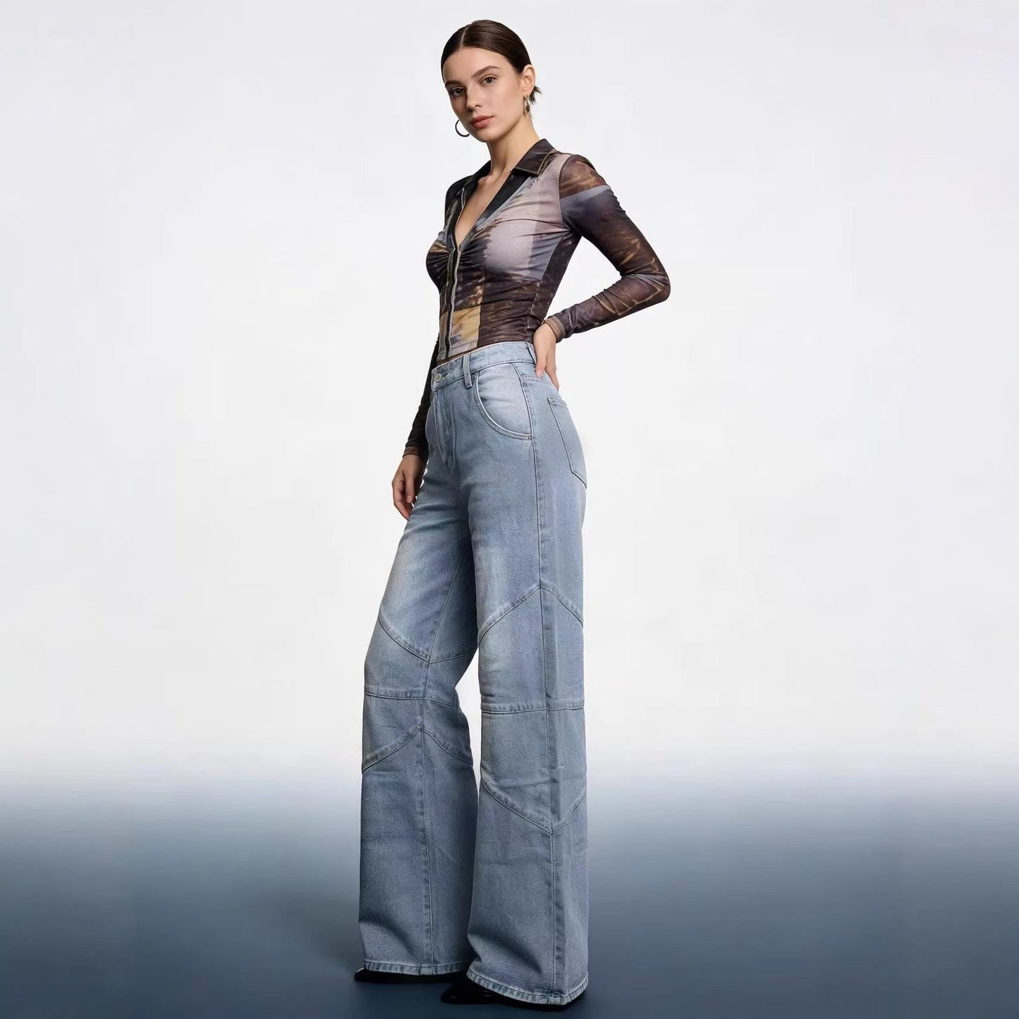 Damen Jeanshose Weite Bein Asymmetrisch Schnitt