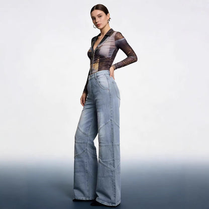 Damen Jeanshose Weite Bein Asymmetrisch Schnitt