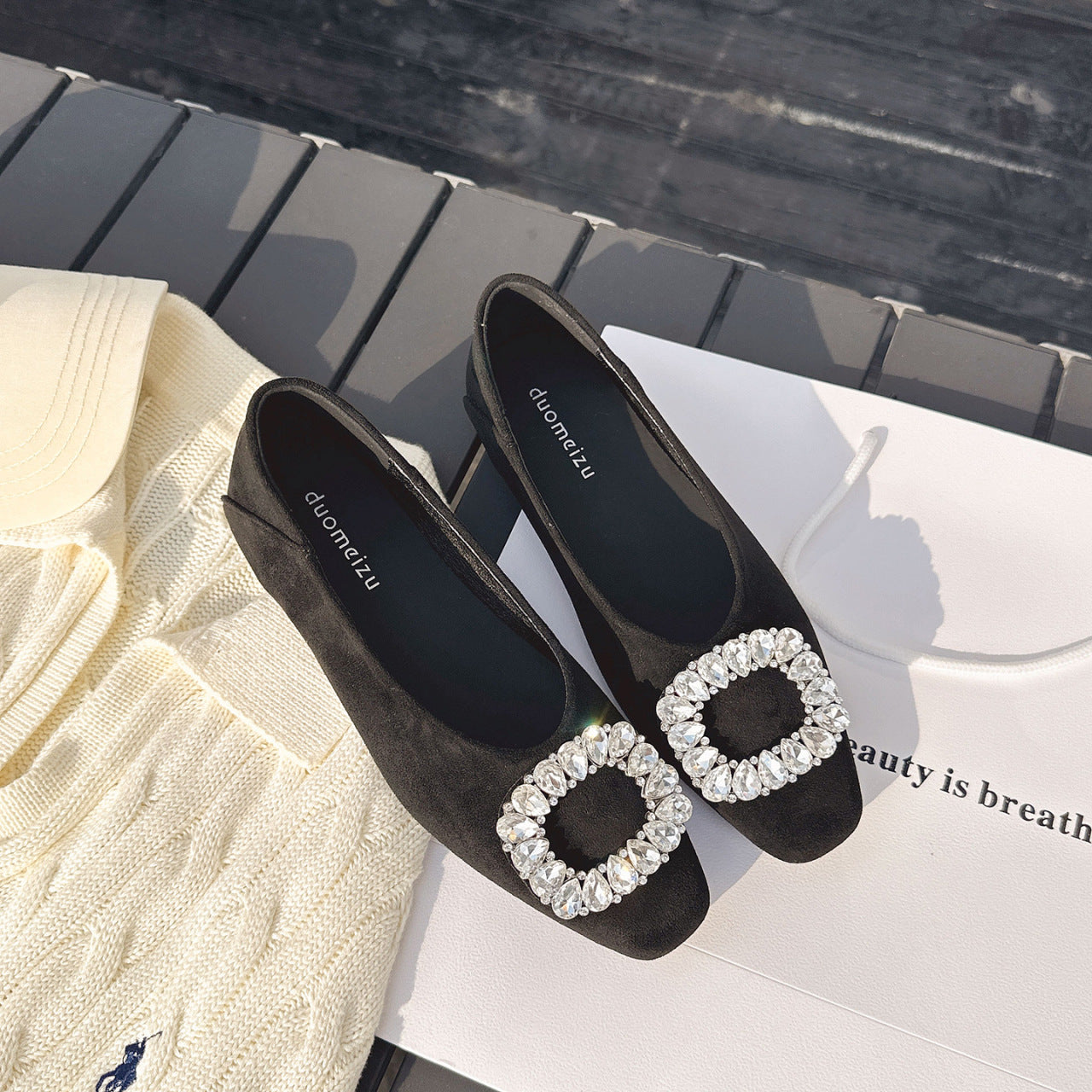 Damen Ballerinas Strass Schuhe Elegant Samt - BerlinGlamour