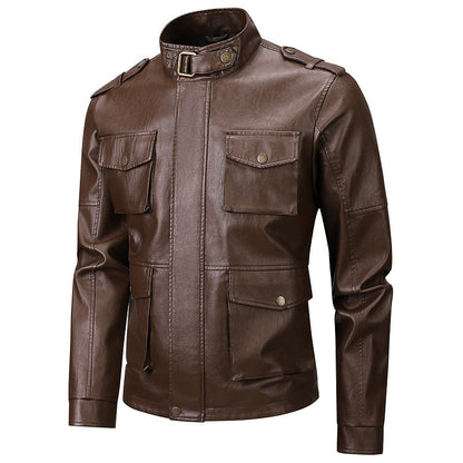 Lederjacke Herren Militär Style Kunstleder mit Patentaschen