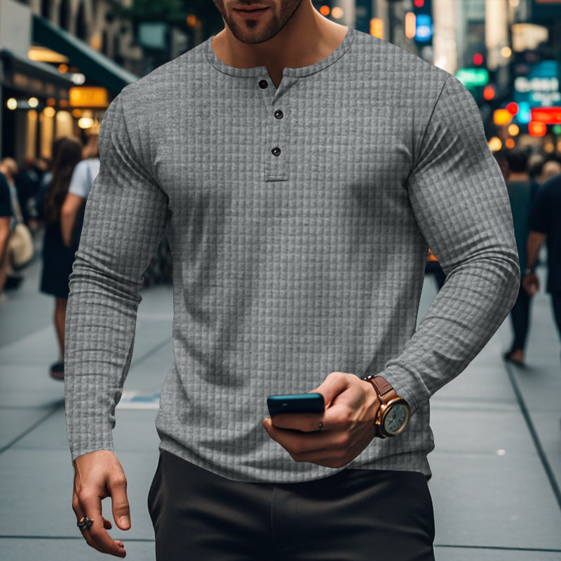 Herren Langarmshirt mit Knopfkragen und Struktur Optik Modern