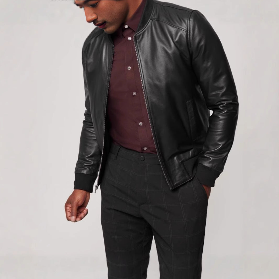 Leder Bomberjacke Herren Elastisch Schwarz