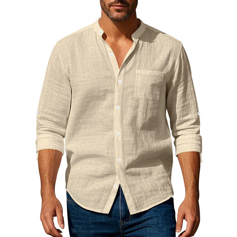Herren Leinenhemd Modern Henley Kragen mit Brusttasche