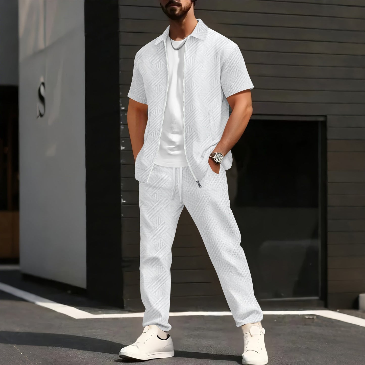 Herren Freizeitanzug Modern Strukturdesign Reißverschlusstaschen
