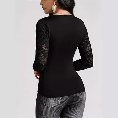Damen Oberteil Mit Chic Wickelstil Und Spitzen Ärmeln Elegant