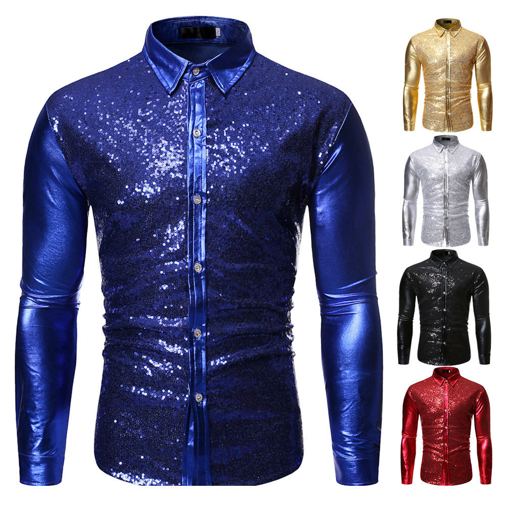 Herren Glitzershirt Paillettenhemd Slim Fit Modern