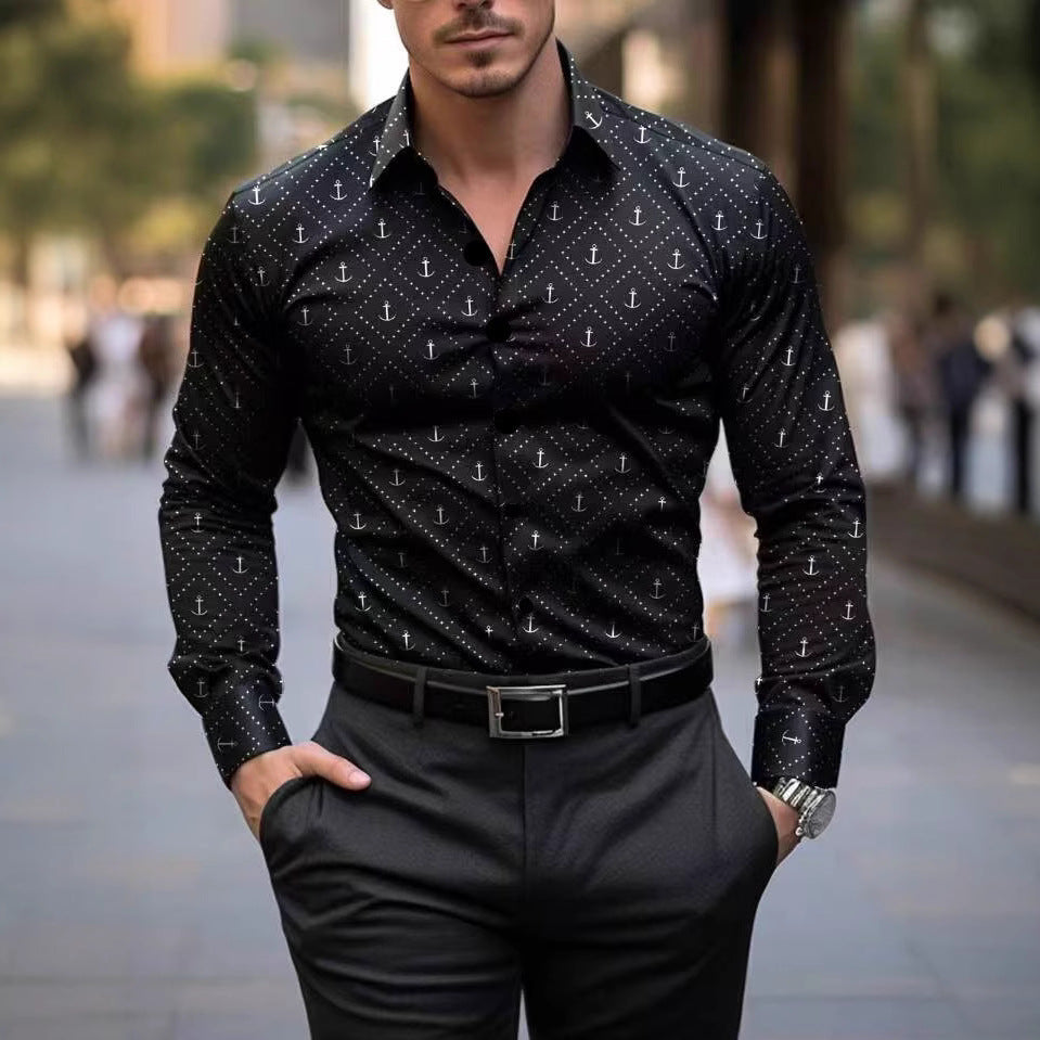Herren Langarmhemd Maritim Anker Motiv Modern - BerlinGlamour
