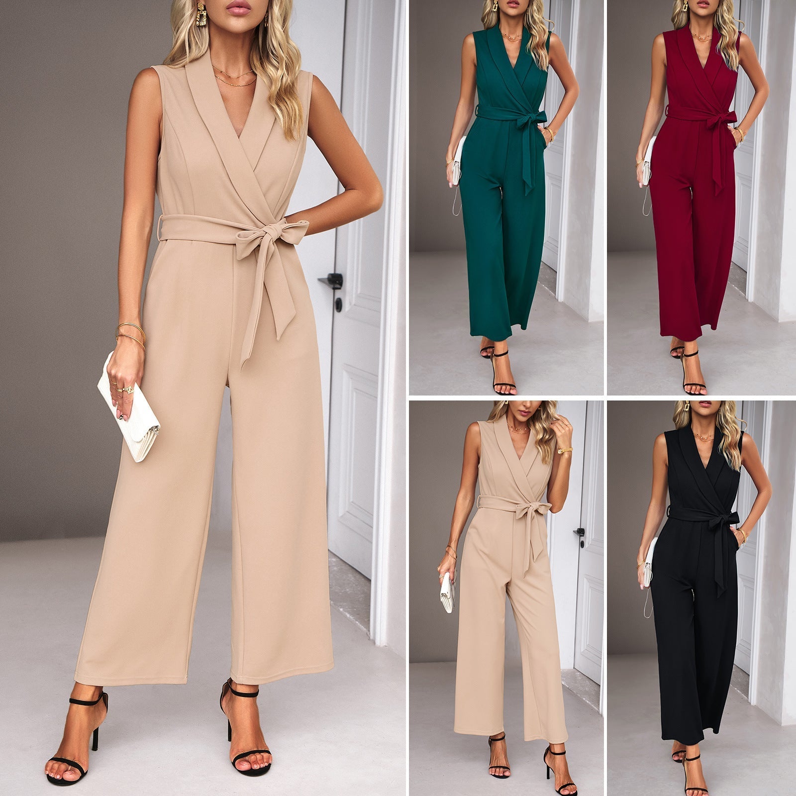 Eleganter Damen Jumpsuit Wickeloptik Taillengürtel Damenanzug - BerlinGlamour