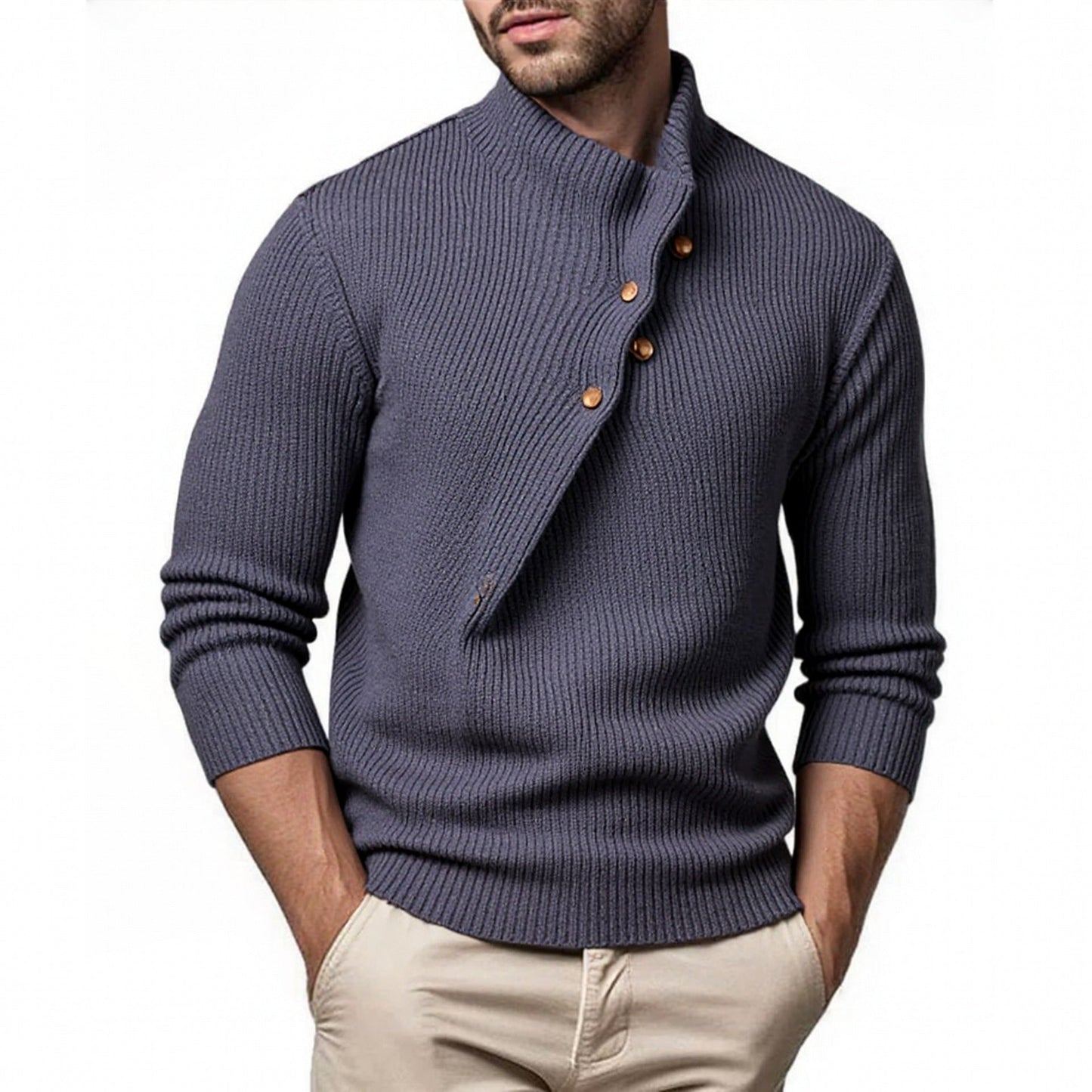 Modischer Herren Strickpullover Stehkragen Asymmetrisch