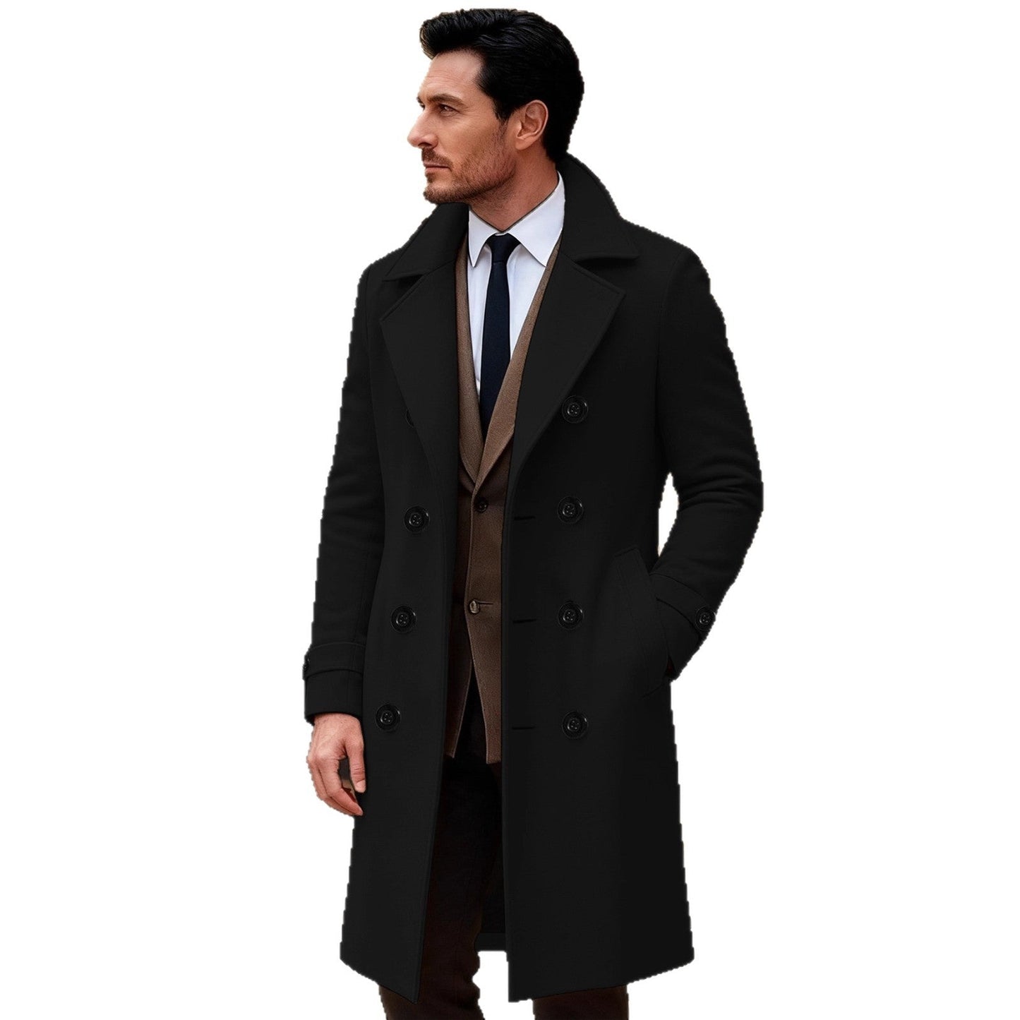 Herren Wollmantel Doppelreihig Elegant Schwarz
