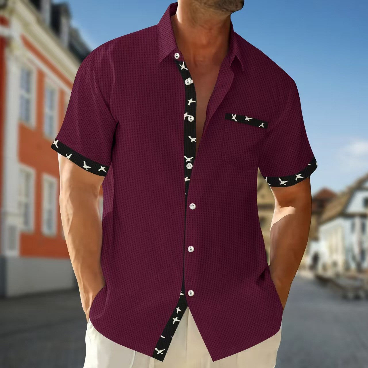 Herren Hemd Kurzarm Modisch Mit Kontrastdetails