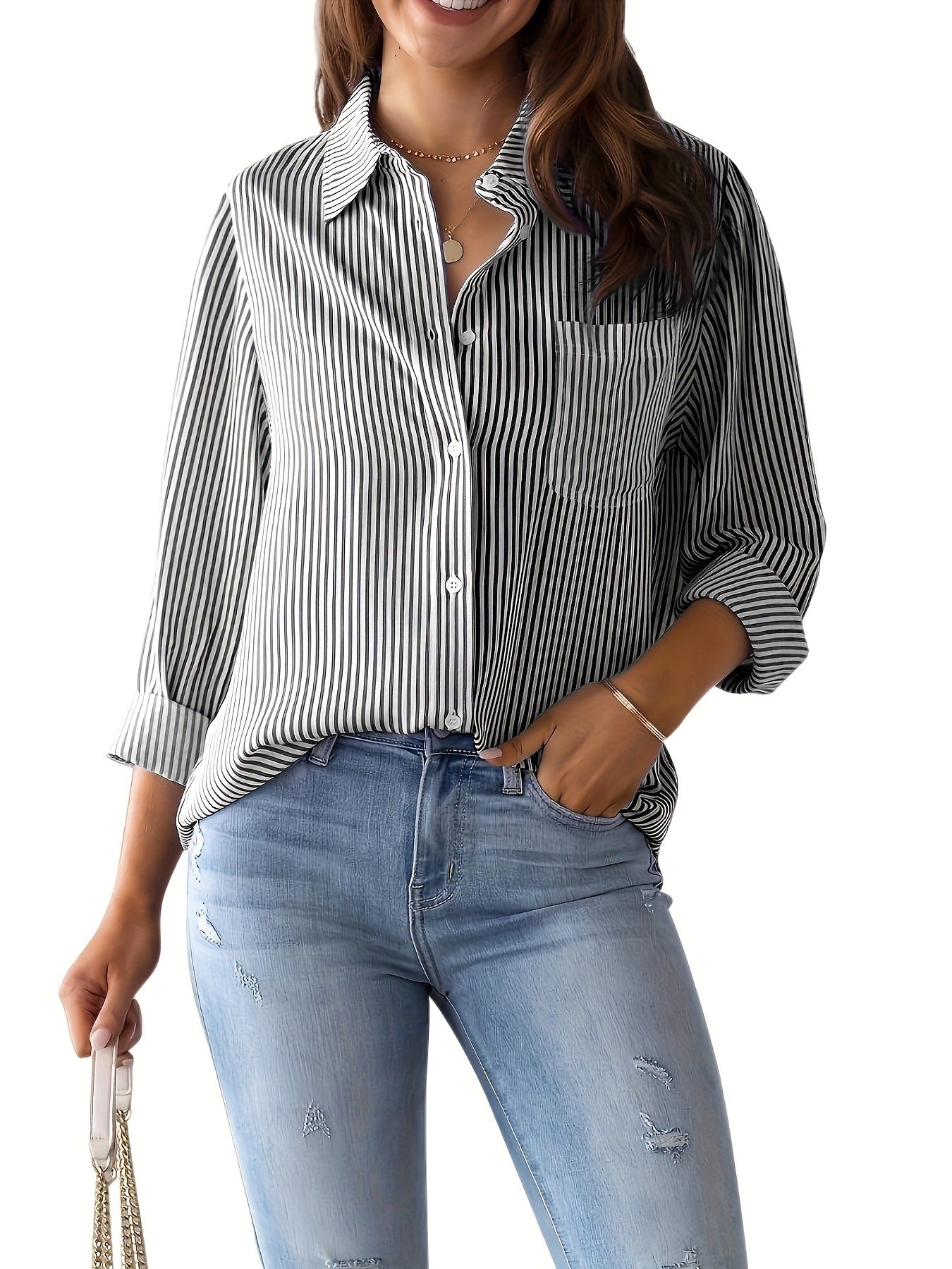 Damen Bluse Lässig Streifenoptik Mit Brusttasche
