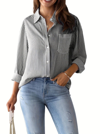 Damen Bluse Lässig Streifenoptik Mit Brusttasche
