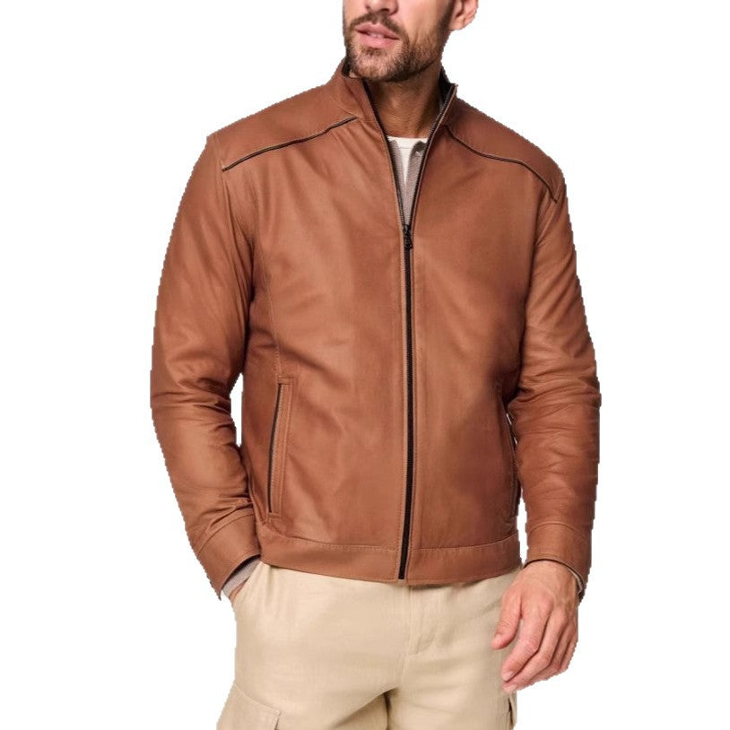 Lederjacke Herren Modern Stehkragen Schwarz Ledermantel