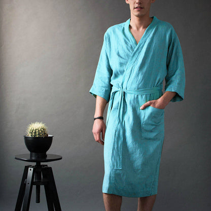 Herren Bademantel Leinen Bequem mit Taschen und Gürtel