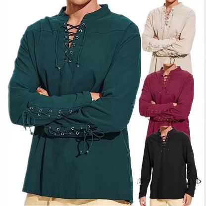Herren Leinenhemd Langarm Modern Schnürfront Eleganz