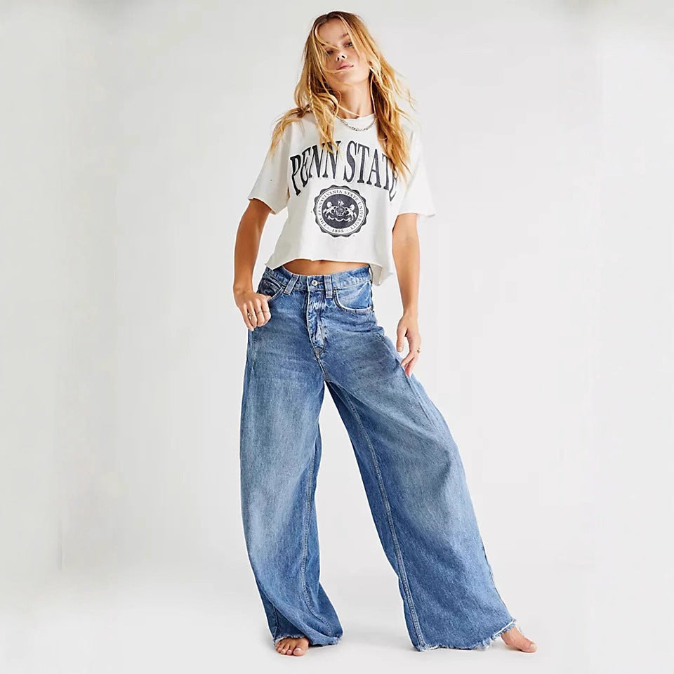 Damen High-Waist Jeans Weite Bein Fransensaum - BerlinGlamour