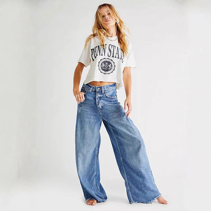 Damen High-Waist Jeans Weite Bein Fransensaum - BerlinGlamour