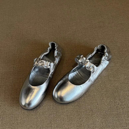 Damen Ballerinas Glänzend Rüschensaum Modern