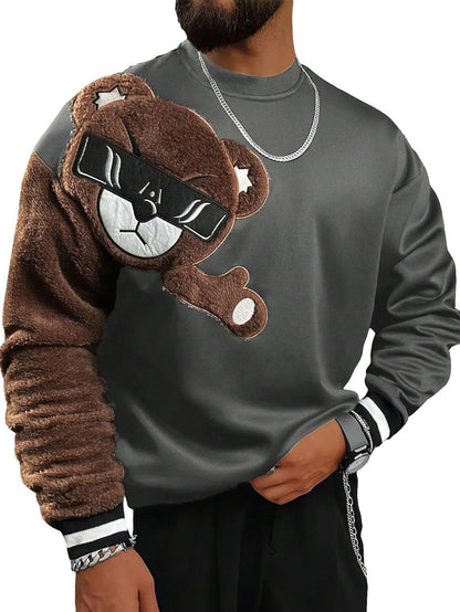 Herren Sweatshirt Plüsch Bär Applikation Modern