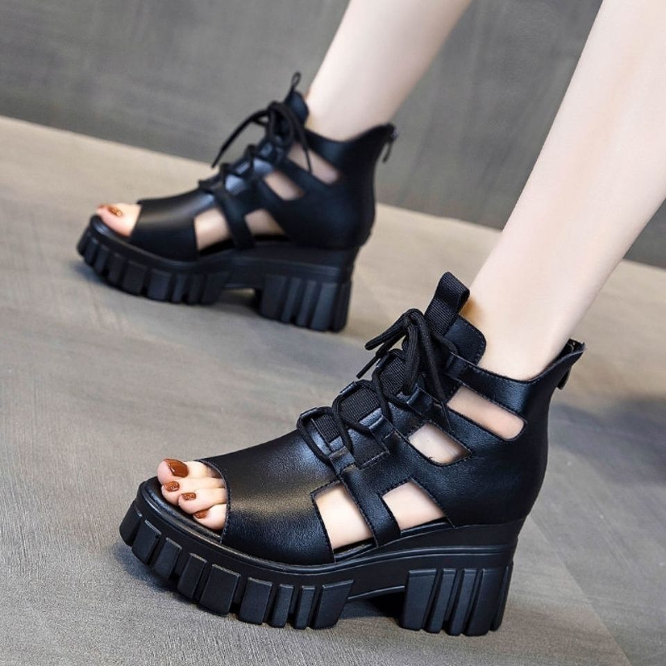 Damen Blockabsatz Sandalen Hochfrontig Schnürsenkel Robust