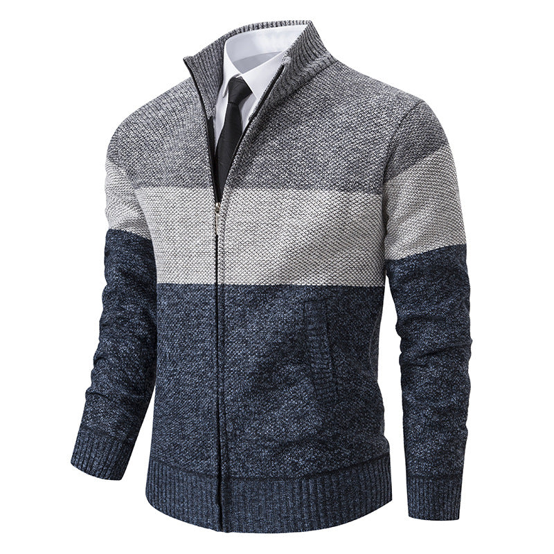 Herren Strickjacke Modern Stehkragen Zipper Schwarz
