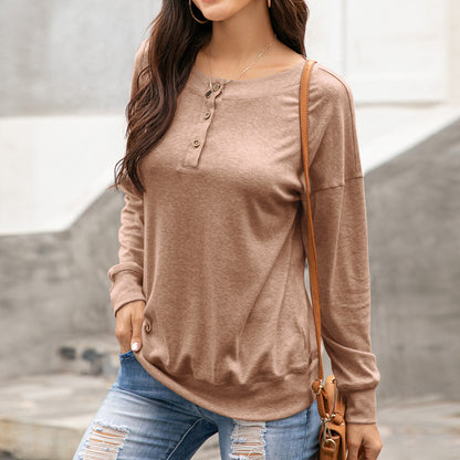 Damen Langarmshirt mit Knöpfen Rundhals Gemütlich Elegant