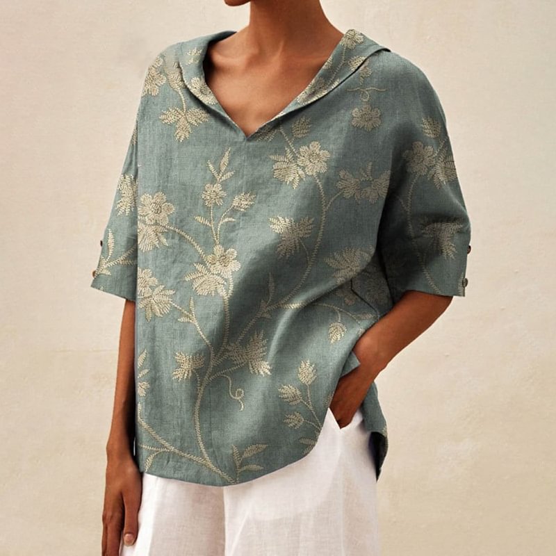 Damen Bluse Modern mit Blumenmuster und V-Ausschnitt