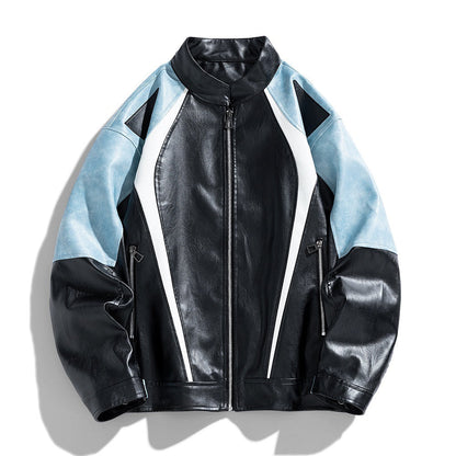 Herren Lederjacke Urban Style Schwarz Mit Farbblock