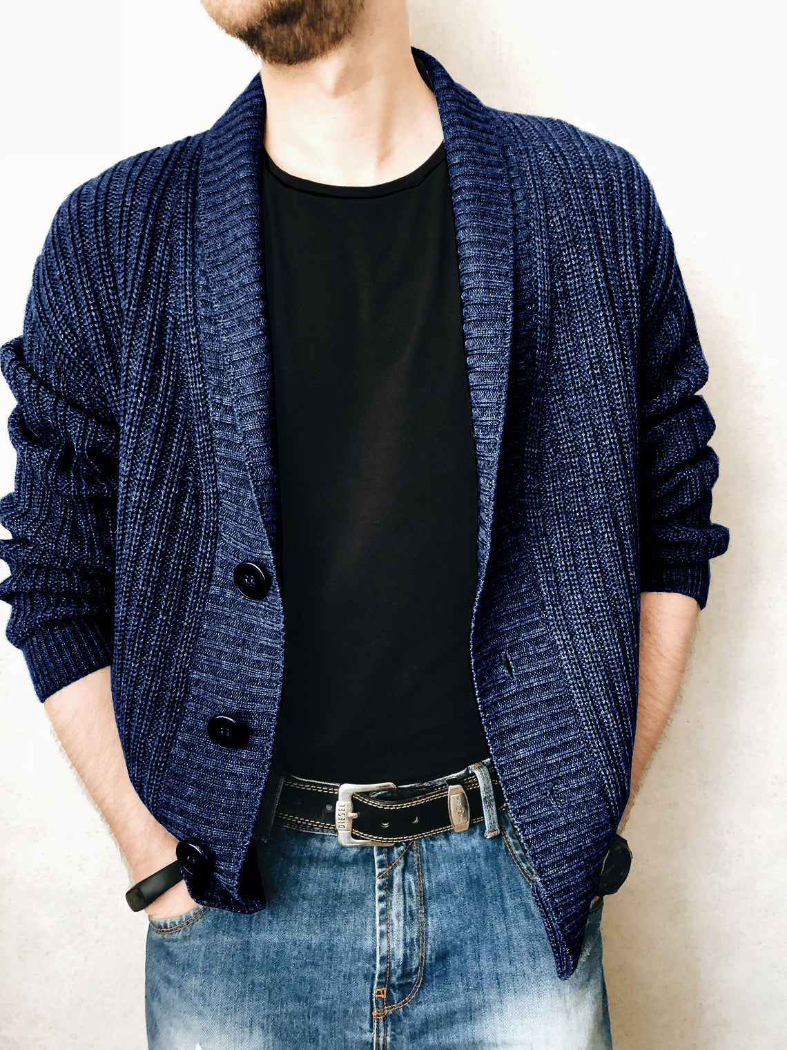 Herren Strickjacke Modern Schalkragen Knöpfe Schwarz